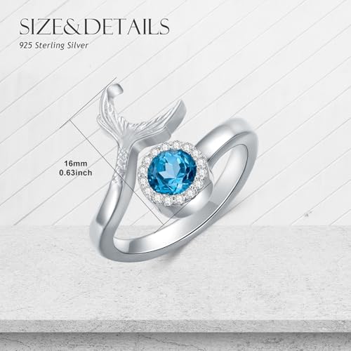 Mermaid Ring 925 Sterling Silver Natural Topaz Ring Mermaid Tail Rings Fish Tail Band Ring Silver Eternity Ring Mermaid Jewelry for Women Summer Ocean Gifts4