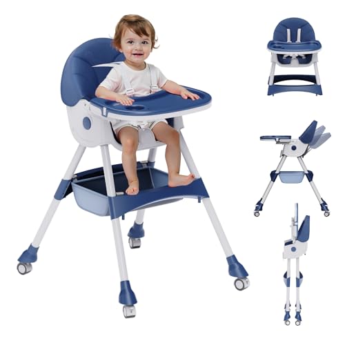 Image of High Chairs for Babies and Toddlers, 4 in 1 Convertible Baby High Chair, Portable High Chair for Travel with Adjustable Height and Back, Foldable HighChair with Wheels& Pu Cushion
