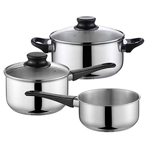 Batería de cocina, juego ollas y sartenes acero inoxidable 3 piezas, cacerola, cazuela, olla for leche, con tapa vidrio, mango resistente cómodo, apto for múltiples fuentes calor