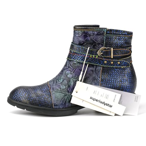 Superladystar's Genuine Leather Handmade Women's Flat Shoes, handmade dragonfly embossed, Vintage Style, Wide, Comfortable3