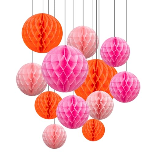 ZYOOO Lot de 12 Boules en nid d'abeille Rose et Orange,Papier Pompom pour Rose Orange fête Décorations,Fêtes de Jardin en Plein Air,...