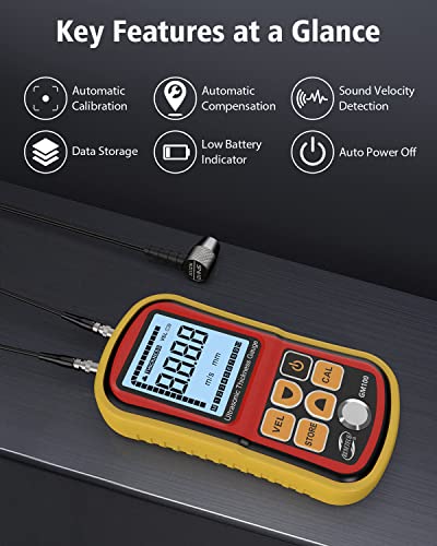 BENETECH Digital Ultrasonic Thickness Gauge Industrial, Range 0.039 to 8.85 in with Probe for Measuring Metal and Nonmetal Materials, Steel, Silver, Plastic, Glass, PVC, Pipes,HD Color LCD