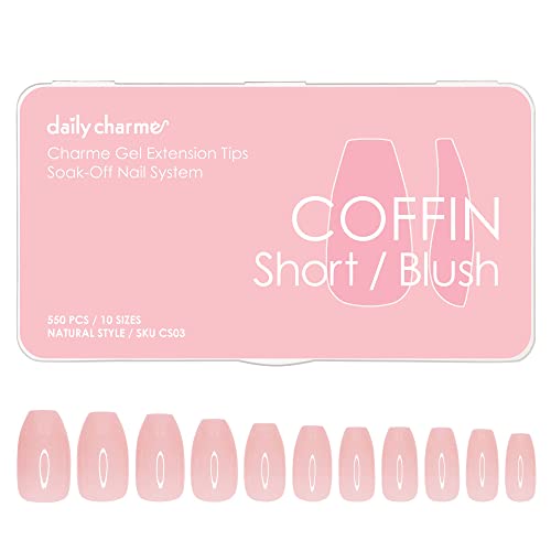 Daily Charme Gel Nail Extension Tips (Coffin Short, Blush) 550 pcs,10 Sizes, Pre-shaped Extension Tips, False Nails Gel Tips for Gel Nail Polish Soak Off, Easy DIY Press On Nails