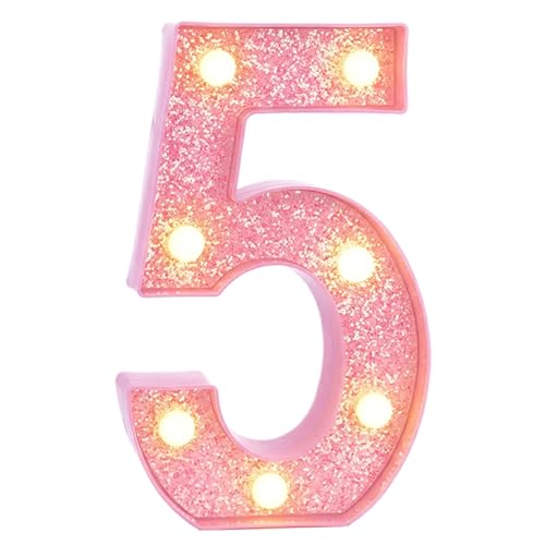 Image of Pink Light Up Marquee Numbers, Glitter LED Number Lights Signs Battery Operated for Girls 5th 15th 25th Pink Birthday Party Table Decorations, 8 Inch Tall Number 5 with Warm White Lights
