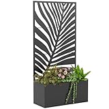 Outsunny Metal Planter Box with Trellis, 71' Tall Raised Garden Bed with Trellis Privacy Screen for Climbing Plants, Large Leaf Cut-Out Privacy Planter for Garden, Patio, Balcony