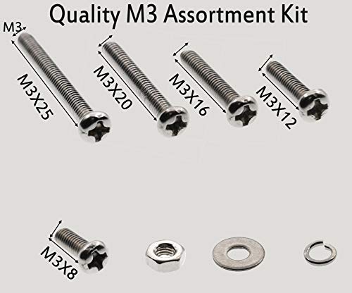 290pcs M3 Phillips Pan Head Screws Bolts Nuts Lock Flat Washers Assortment Kit (M3,304 Stainless Steel) - Thumbnail 4