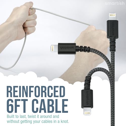 Image of Smartish USB-C /Lightning Cable 17 /16 /15 /14 /13 /12 - Crown Joule - 6 Foot Universal Fast Fabric Wrapped Charging Cable w /Micro-USB - MFi Certified 13 /12 /SE /iPad /AirPods /Android - Tan