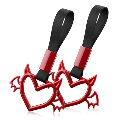 Image of 2 Pcs Devil Heart Shaped Car Handle Strap - JD M Drift Charm Rear Bumper Warning Ring Decor for Car Interior Exterior, Subway Bus Handle Accessory, Cute Heart Car Decor Gift (Red-Wing)