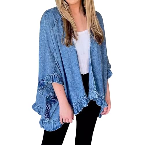 Women's Fashion Ruffle Denim Jacket Shawl Loose Fit Cloak Coat Jacket Washed Destroyed Denim Jackets Poncho Cape3