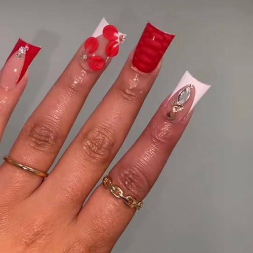 Image of Red Press on Nails Flower Fake Nails Duck Nail Press ons with Diamond Design French Tip Glue on Nails Reusable Artificial Acrylic Glossy Full Cover Stick on Nail for Women Manicure 24Pcs