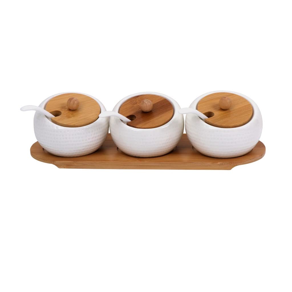 IANSHFKN Set of 3 Ceramic Condiment Jar Spice Container with Lid Porcelain Spoon Wooden Tray Storage Box for Home Kitchen