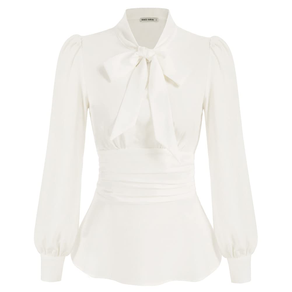 GRACE KARIN Donna Camicetta con Vita Definita Maniche Lunghe a Sbuffo Fiocco Decorativo Ufficio Elegante Top Scollo a V Peplum Orlo Nero/Avorio