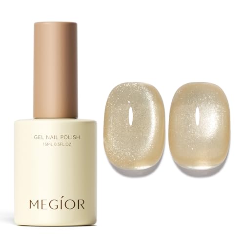 MEGIOR Champagne Gold Cat Eye Gel Nail Polish Gold Glassy Shimmer Glitter Holographic Magnetic Gel Polish Soak Off UV Nail Art Manicure Salon DIY Home Gifts for Women 15ml
