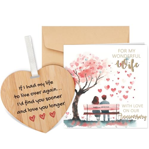 Tulolvae Anniversary Card for Wife Wooden Heart Happy Wedding Anniversary Greeting Cards for Wonderful Wife from Husband Romantic Lovely Design Gifts for Wife Couple