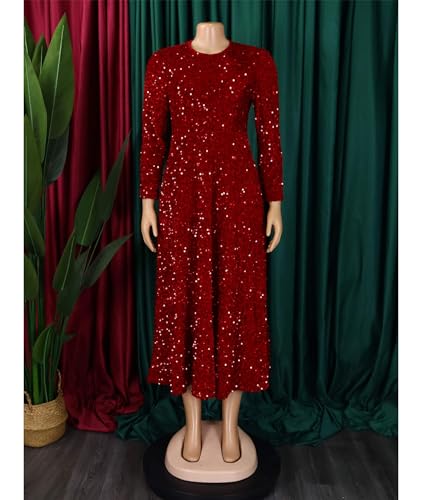 Image of SOMTHRON Women's Sequin Dress Plus Size Long Sleeve A-Line Flared Party Cocktail Sparkle Glitter Evening Shiny Maxi Dress