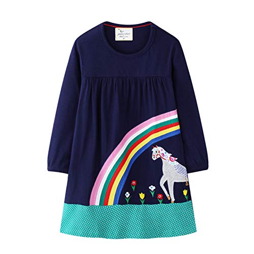 Kleid Mädchen Langarm Baumwolle Jersey A-Linie Freizeitkleidn Einhorn Kleider für Mädchen