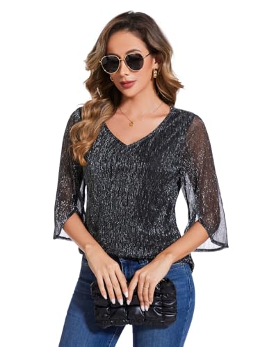 Women's 3/4 Sleeve Glitter Blouses Dressy Sparkly Double Layers Mesh Tunic Tops3