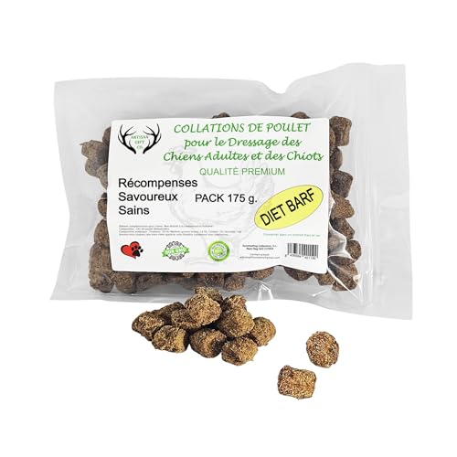 ARTISAN GIFT CO Récompenses d'entraînement pour Chiens - 100% Viande délicieuse déshydratée, adaptées au régime Barf - Dés de Poulet pour Chiens - Paquet 175 g