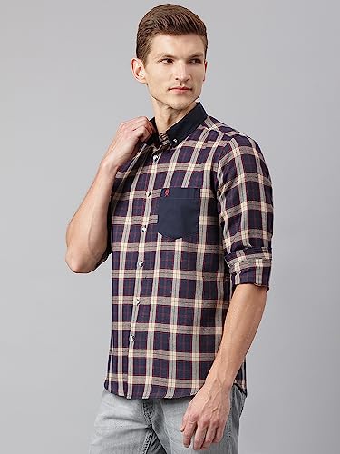Image of Thomas Scott Mens Checkered Slim Fit Casual Shirt with Button Down and Long Sleeve (TS1048 Space Blue XL)
