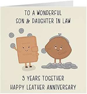 Hunts England Son And Daughter In Law 3rd Anniversary Card - To A Wonderful Son & Daughter In Law - 3 Years Together - Happy Leather Anniversary - Iconic Collection - Standard - 148 x 148 mm