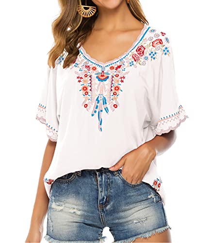 Higustar Bohemian Embroidered Tops For Women Mexican Style Shirts Boho Summer White Short Sleeve Peasant Tunics Blouses #TOP2