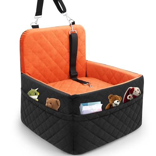 Dog Car Seat for Small/Medium Dogs,Pet Dog Booster Car Seat Puppy 15-35 lbs with Soft 4+2in Detachable Pads Detachable Elevated Cushion and Washable Cover Safety Belts Storage Pockets Easy to Install