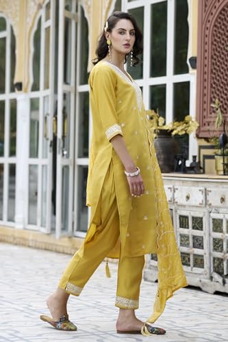 Image of VredeVogel Women's Silk Blend Kurta Pant Set with Chanderi Embroidery Work Dupatta
