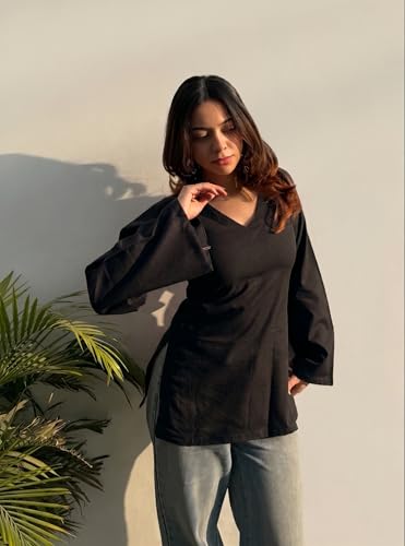 Image of ANNI Designer Short Kurti for Women Solid Design | V Neck Full Sleeve Kurti Tops for Women | Stylish Kurtis & Short Kurtis for Woman | Casual Kurti with Jeans | Kurtas for Woman