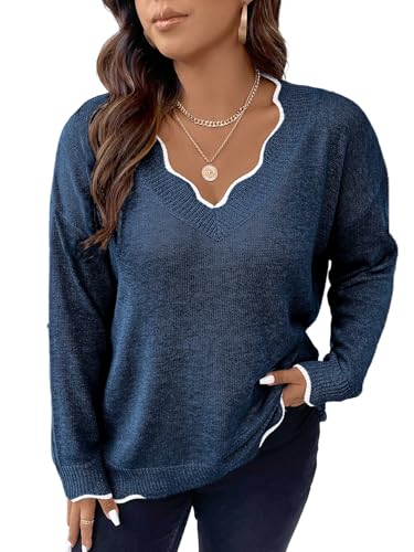 Image of MakeMeChic Women's Plus Size Scalloped Trim Cozy Sweater Cute Pullover | V Neck, Long Sleeve, Oversized, Comfy, Light, Fall Sweaters