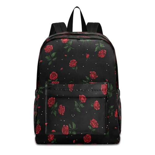 Mochila escolar ligera para libros en fondo negro rosa con bolsillos laterales