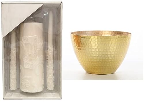 Hosley 11.50 Inch High Cream Wedding Unity Candle Set Includes 1 Pillar And 2 Taper Candles & Hosley Gold Metal Hammered Lemon Thyme Scented Candle 4.5 Inch Diameter #TOP14