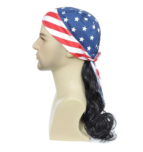 Image of Men's Mullet Wig with USA Flag Bandana, Long Curly Synthetic Wig, 80s Rocker Patriotic Costume Wig for Halloween, 4th of July and Cosplay (Black)