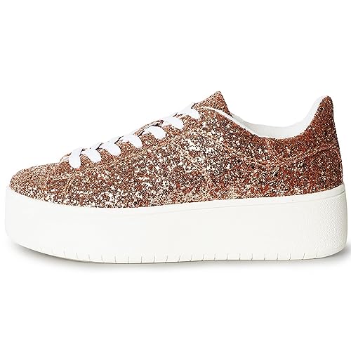 J. Adams Hero Platform Sneakers For Women - Casual Lace Up Fashion Tennis Shoes - Rose Gold Glitter - 5.5 #TOP1