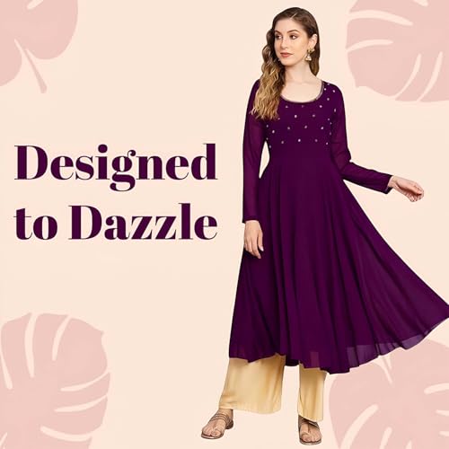Image of PH POSHAKHUB Georgette Regular Fit Hand Embroidery Anarkali Kurta Set for Women, Yoke Anarkali Kurta for Woman, Ankle Length Anarkali Suit for Women, Full Sleeve Kurti, Dress for Woman