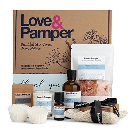 LUXURY MEDITATION-SUSTAINABLE Aromatherapy Pampering Gift Set For Women,Ho Wood Oil Ylang Ylang Bergamot 100ml Massage Oil,Essential Oil,Himalayan Bath Salt,Soy Wax Candle,Triple Milled Soap,Wax Melts Cover