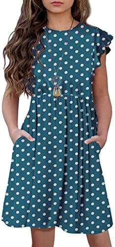 HOSIKA Girls Polka Dot Dress Casual Polka Dot Ruffle Sleeve Flowy Swing Summer Midi Dress Teal Size 10-12