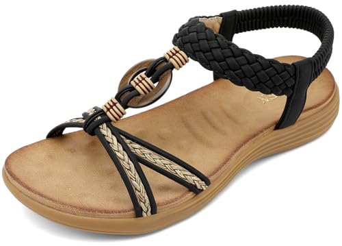Image of UBFEN Womens Bohemian Flat Sandals With Back Strap Summer Beach Comfortable Bling