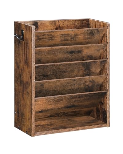 CHOEZON Wall File Organizer, 6-Tier Vertical Mount Hanging Holder with 2 Side Hooks, Vintage Wooden Magazine Storage Crate with Bottom Flat Tray, Desk Organizer, for Office, Home, Rustic Brown MWJ01FG