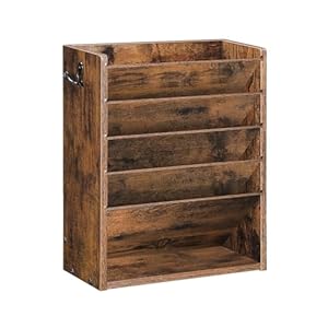 CHOEZON Wall File Organiser, 6-Tier Vertical Mount Hanging Holder with 2 Side Hooks, Vintage Wooden Magazine Storage Crate with Bottom Flat Tray, Desk Organizer, for Office, Rustic Brown DMWJ01FG