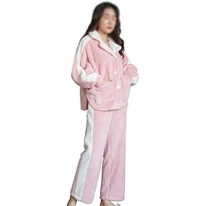 Winter gewatteerde vrouwelijke pyjama set tops lange broek warme pyjama set (Color : Pink, Size : L)
