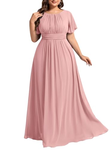 Image of Ever-Pretty Plus Elegant Formal Dresses for Curvy Women Round Neck Short Sleeves Chiffon Bridesmaid Mother of The Bride Dress