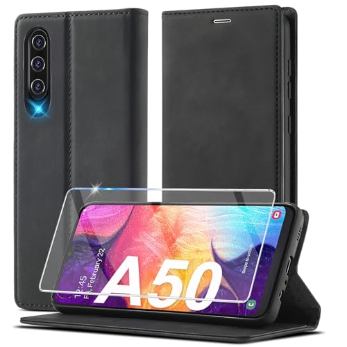 Handyhülle für Samsung Galaxy A50 Hülle Leder [Mit Schutzfolie] für Samsung Galaxy A50/ A30s Hülle Klappbar Leder Flip Wallet Stoßfeste Hülle Schutzhülle Klapphülle für Samsung Galaxy A50/ A30s/ A50s