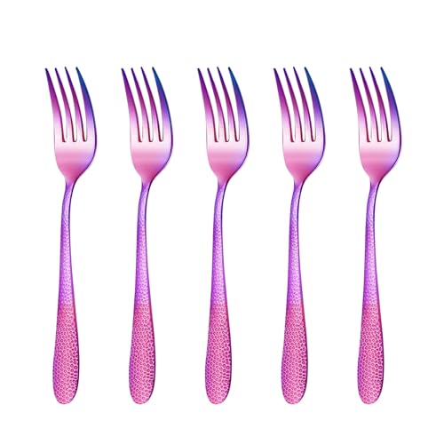 Image of 8.1 inch Hammered Rainbow Dinner Forks | 5-Piece Premium Stainless Steel Flatware Set | Elegant Dishwasher-Safe Cutlery for Home, Restaurants, and Gift Giving