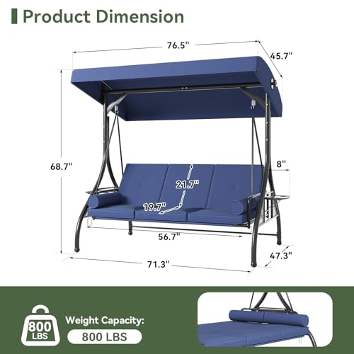 Image of Aoxun Outdoor Porch Swing with Stand and Canopy, 3 Seats Outdoor Swings for Adults, Convertible 2 in 1 Swing Bed with Cup Holder, Patio Swings with Thicken Cushions for Garden, Yard & Balcony, Blue