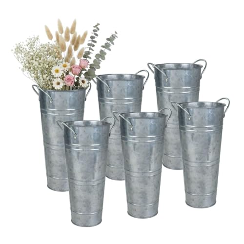9 Inch Galvanized Flower Bucket 6 Pack Tabletop Vases for Dried Flowers