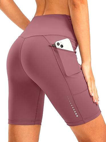 Women's High Waisted Biker Shorts 8" Running Workout Tummy Control Bike Spandex Volleyball Tennis Biking Walking Yoga Shorts Zipper Pockets(Dark Pink,XXL)