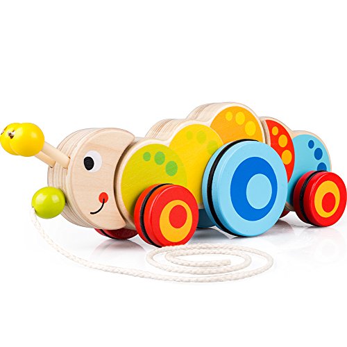 cossy Wooden Pull Toys for 1 Year Old, Caterpillar Push Toy for Toddler Children Kids