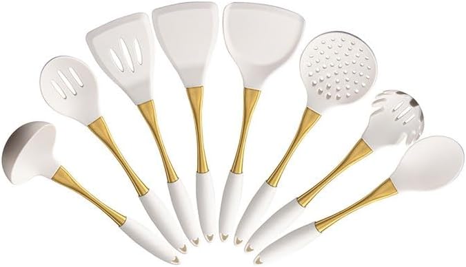 Stainless Steel Gold Plated Handle Silicone Kitchenware Kitchen Cooking Tools Spatula Pot Soup Spoon Eight Piece Set