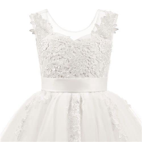 Abao Sister Lace Applique Tulle Sheer Neckline Flower Girl Junior Bridesmaid Dress White Size 12 #TOP6
