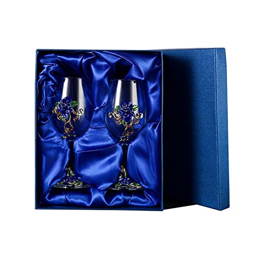 jessie Wine Glass Handmade Painted Enamel Flower Gin Glass Wine Glass Birthday Mothers Day Gifts (Blue *2+gift box)